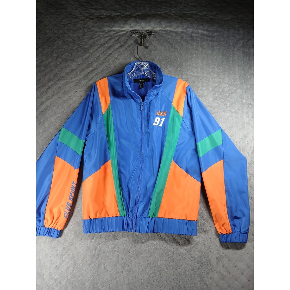 Forever 21 Club Sport Windbreaker Jacket Blue Orange USA 91 Colorblock Small